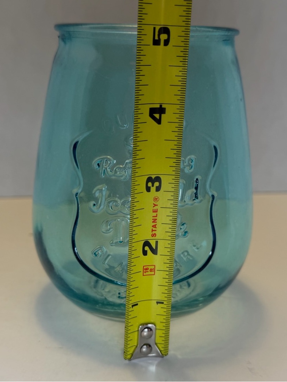 Aqua Blue Embossed Glass Tumbler / Stemless Wine Glass - Ice Cold Drink - Picture 3 of 5